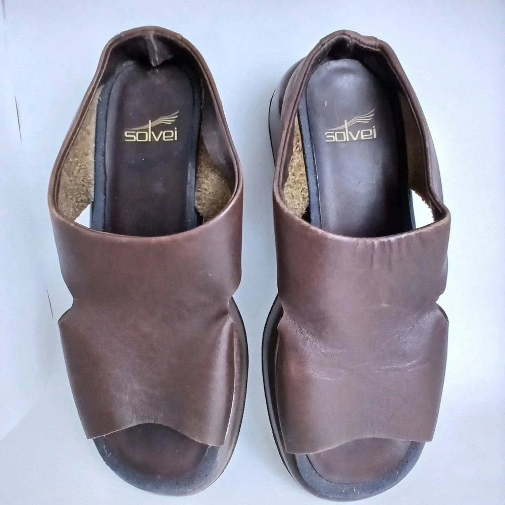 Dansko Solvei Women Brown Leather Sandals Slingback Wedge Y2K Boho Comfort